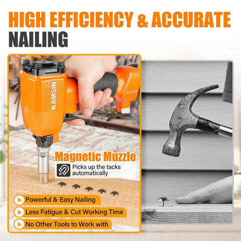 Lightweight Pneumatic Decorative Nailer For Upholstery And Leather Furniture With 11.7mm Head Air Powered Tack Gun in use.