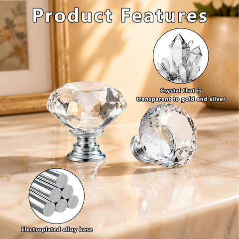 Top Tier Crystal Cabinet Knobs And Drawer Handles With Slick Silver Tone Heavy Duty Aluminum Core Badass 30mm Fit shown on a marble surface.