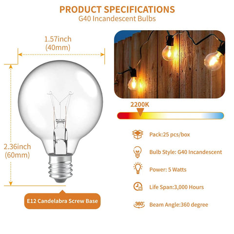 G40 Replacement Light Bulbs 120V 5W Warm White E12 Candelabra Base Dimmable Clear Glass Globe Edison Style 25 Pack details