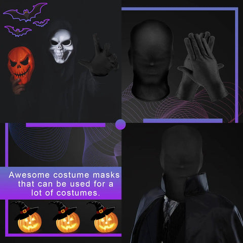 Premium Dope Black Full Face Mask and Stretchy Gloves Set for Halloween Cosplay Party Vibe Soft Polyester Trick Or Treat Badass Sinister Fit Gear Bundle with gloves and masks