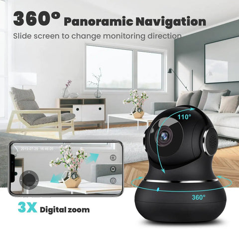 2K Indoor Security Camera With 360 Degree Pan Tilt Motion Alerts Pet Camera Baby Monitor Phone App Control Night Vision 2 4 GHz WiFi Only For Home Security showcasing panoramic navigation and phone app interface.