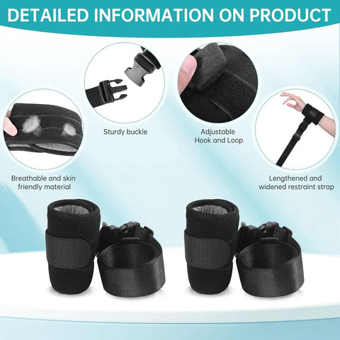 4-Piece Medical Restraint System For Senior Care, black ankle and wrist straps with hospital bed safety straps, adjustable fit.