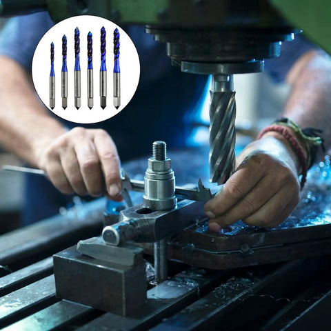 Grab This 6 Piece Tap Drill Bits Set For Metal Thread Repair Kits Featuring High Speed Steel Perforated Spirals And Metric Composite Taps That Are Super Durable, Sharp, And Built To Fix Damaged Threads Fast Without The Hassle. in use on a metal drill press