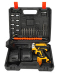 Heavy Duty Cordless Electric Drill Kit Loaded With Dual 21V Lithium Batteries Straight Up Variable Speed Control in tool case.