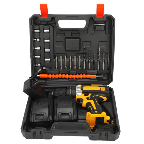 Heavy Duty Cordless Electric Drill Kit Loaded With Dual 21V Lithium Batteries Straight Up Variable Speed Control in tool case.