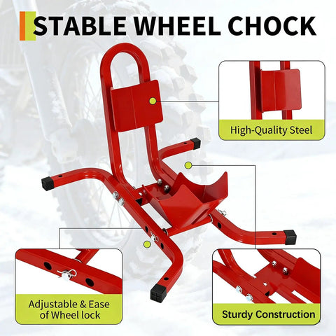 Red Heavy Duty Motorcycle Wheel Chock With 1800 Lb Capacity Adjustable 16 To 21 Inch Tire Fit For Cruisers Dirt Bikes And ATVs