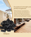 400 Pack Heavy Duty Hidden Deck Fasteners For Composite Board Installation With Screws And Dual Clip Variations on a wooden patio floor.