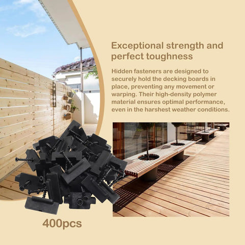 400 Pack Heavy Duty Hidden Deck Fasteners For Composite Board Installation With Screws And Dual Clip Variations on a wooden patio floor.
