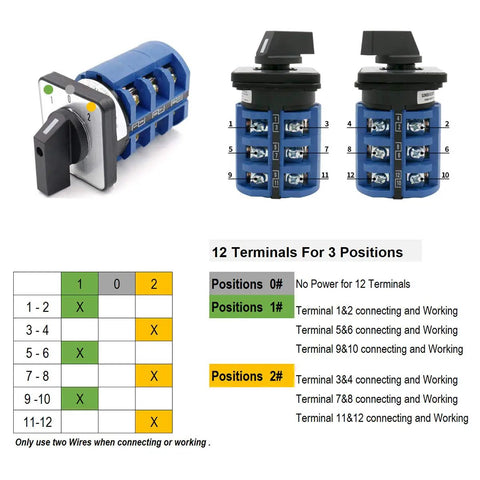 Built Tough Rotary Changeover Switch 63A 3-Position 1-0-2 Circuit With Center Off 12-Terminal Cam Selector