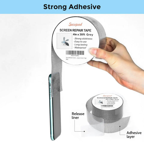 Person holding Grey Window Screen Repair Kit 4 Inch By 30 Foot Fiberglass Mesh Patch Tape for windows or doors, strong adhesive visible.