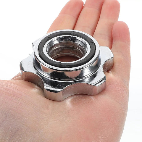Close-up of a stainless steel barbell collar in a hand. Stainless Steel Barbell Collars 2 Pack Portable No Slip Anti Skid Locks Universal Fit