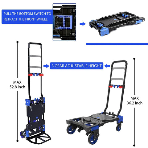 Heavy Duty Folding Hand Truck Dolly With 330Lbs Capacity, Convertible Between 2-Wheel Upright And 4-Wheel Platform Cart, Retractable Handle, Durable Wheels For Easy Moving Of Boxes, Luggage, Groceries, And More, 52.8 in max