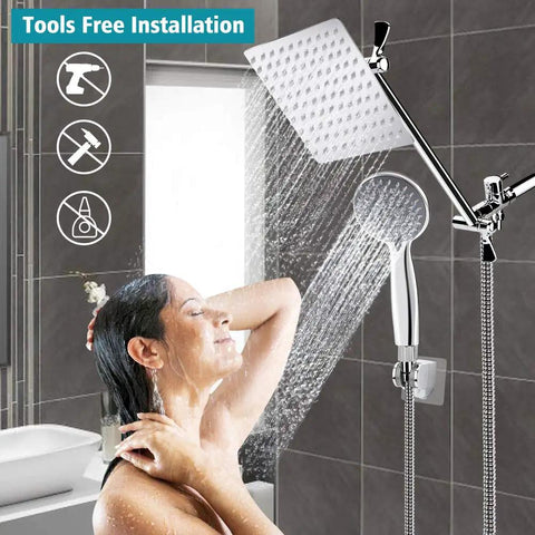 8 Inch High Pressure Rainfall Shower Head And Handheld Shower Combo with 11 Inch Extension Arm and woman showering
