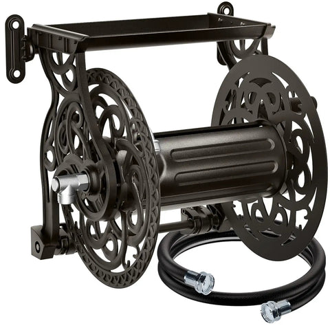 Wall Mount Garden Hose Reel For Outdoor Use, Holds Up To 125 Ft Of Five Eighth Inch Hose, Heavy Duty Aluminum Frame