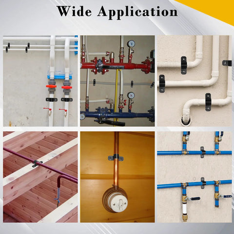 OwnMy 60-piece 1/2-in pipe support clamps for PEX, copper and CPVC pipes; collage shows front, side, installed views.