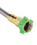 Close-up of Heavy Duty Stainless Steel Garden Hose 3 Feet Short All Metal Water Hose No Kink Built To Last Durable Flexible Lightweight with brass fitting