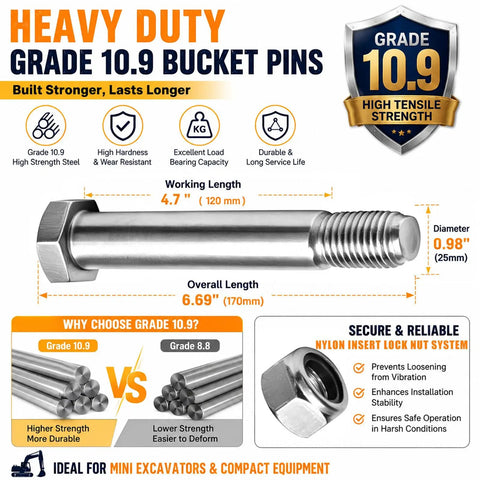 0.98 Inch Mini Excavator Bucket Pins 25mm Grade 10.9 Steel Dual Length Precision Engineering for Precise Fitment in Mini Excavator Linkage Systems for Easy Install and Maximum Durability, 25mm pin with lock nut
