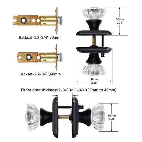 Matte Black Glass Door Knobs With Lock For Interior Doors, Privacy Crystal Knob Set dimensions and adjustable latch details