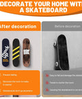 Comparison of skateboards on wall with Dope Six Pack Aluminum Skateboard Wall Mount Hanger with two screws, before and after decoration