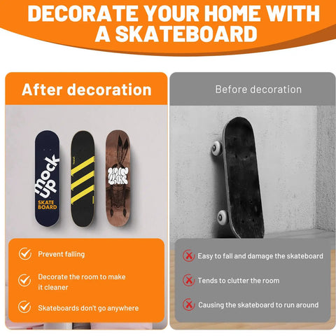 Comparison of skateboards on wall with Dope Six Pack Aluminum Skateboard Wall Mount Hanger with two screws, before and after decoration