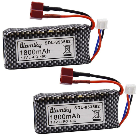 Two Pack 7.4V 1800mAh LiPo Battery with T Plug for 1:10 Scale 4WD RC Cars and Trucks, lightweight 80g each, side view.