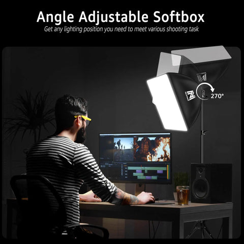 Man using computer with Two Pack Softbox Lighting Kit With 16x16 Panels, 63 Inch Tripod Stand, 5400K Daylight LED Bulbs nearby