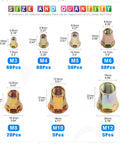 230 Piece Rivet Nut Kit M3 Through M12 with Half Hex Body Flange Rivet Nuts shown with size details and quantities