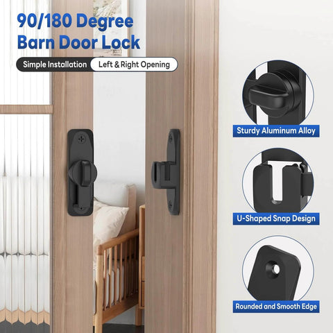 Heavy Duty 90 And 180 Degree Barn Door Locks And Latches Aluminum Sliding Door Latch Kit on wooden door, black finish, simple installation.