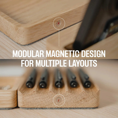 Modular Desk Organizer Tray Set In Solid Oak Wood With Felt Lining, Magnetic And Customizable Desktop Organizer detail view