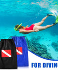 Diver with snorkel gear above two mesh bags, Six Pack Mesh Gear Bags for Snorkel Gear and Swim Equipment Oversized 18 by 26 Inches