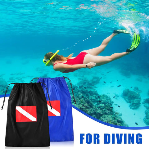 Diver with snorkel gear above two mesh bags, Six Pack Mesh Gear Bags for Snorkel Gear and Swim Equipment Oversized 18 by 26 Inches