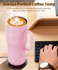 Self Heating Coffee Mug 20oz Electric Temp Control Warmer Keeps Your Brew Piping Hot With Three Rad Heat Settings Zero Room For Cold Swigs Perfect For Office Grind Or Backroad Adventures Rechargeable Design on charging dock.