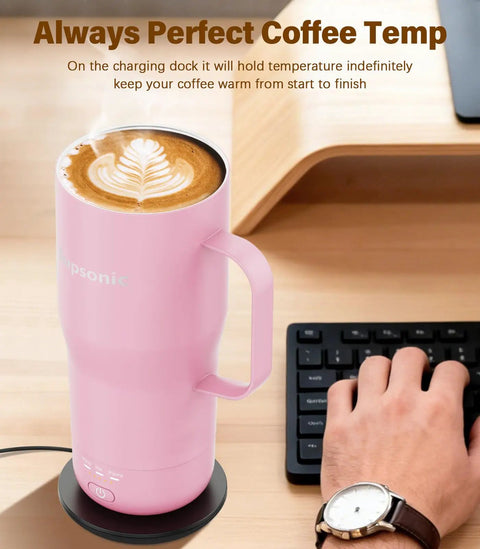 Self Heating Coffee Mug 20oz Electric Temp Control Warmer Keeps Your Brew Piping Hot With Three Rad Heat Settings Zero Room For Cold Swigs Perfect For Office Grind Or Backroad Adventures Rechargeable Design on charging dock.
