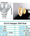 Dimensional view of Six Pack GU10 35W Halogen Bulbs 120V Dimmable Warm White 2700K 380 Lumens, clear glass with light beam
