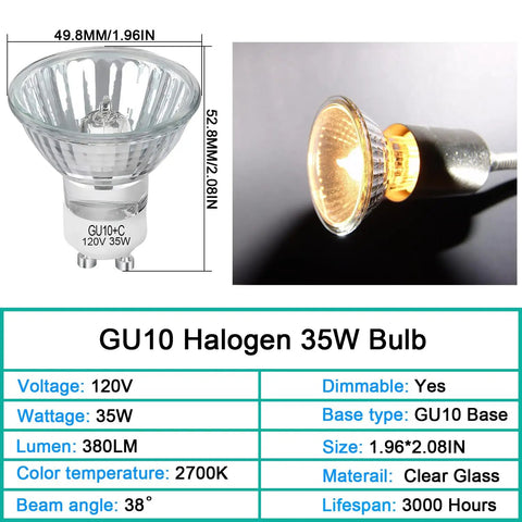 Dimensional view of Six Pack GU10 35W Halogen Bulbs 120V Dimmable Warm White 2700K 380 Lumens, clear glass with light beam