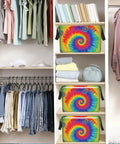 Hella Spacious Waterproof Storage Bin With Rainbow Tie Dye Design and Secure Carry Handles for clothing organization in a closet.