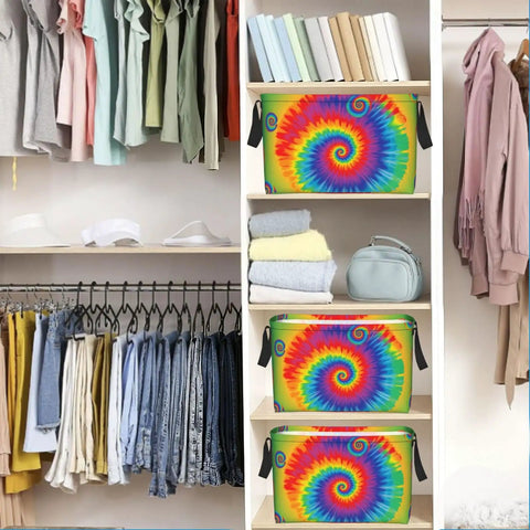 Hella Spacious Waterproof Storage Bin With Rainbow Tie Dye Design and Secure Carry Handles for clothing organization in a closet.