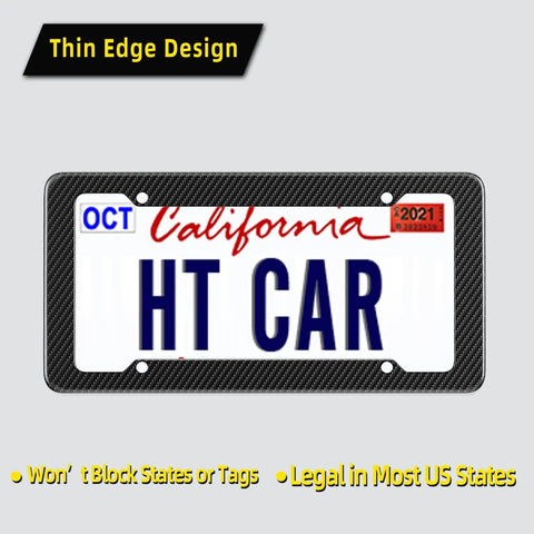 Sick Carbon Fiber License Plate Frame 2 Pack With Fasteners And Screws in use, showing thin edge design on California plate.