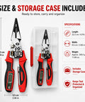 4-in-1 Wire Stripping and Testing Pliers Electrician’s Multitool with storage case showing detailed specifications and tools.