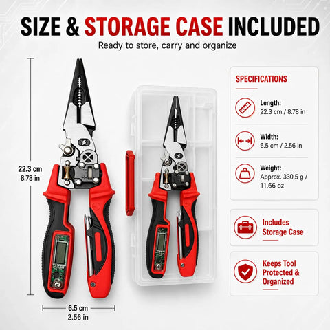 4-in-1 Wire Stripping and Testing Pliers Electrician’s Multitool with storage case showing detailed specifications and tools.