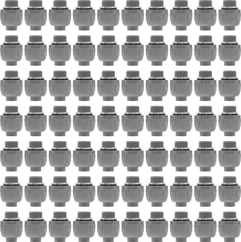 Pack Of One Half Inch Liquid Tight PVC Electrical Conduit Connectors, arranged in multiple rows, showing straight fittings for installations.