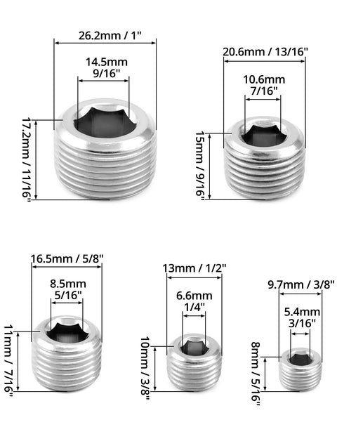 304 Stainless Steel Pipe Fitting Kit With Hex Countersunk Plugs NPT Male Threads size chart showing five plug dimensions