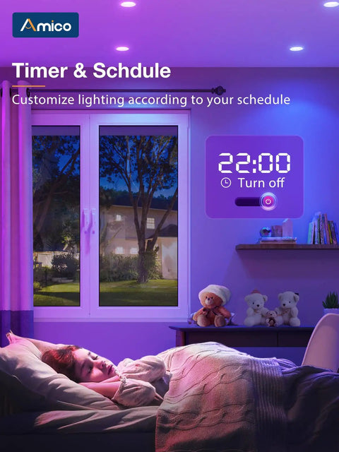 Bedroom scene with Smart 5 To 6 Inch Recessed LED Can Lights 4 Pack With RGBCW Color Changing, WiFi control, and timer feature