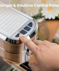 This 20 Bar Espresso Machine Straight Slaps With An Auto Milk Frother And Compact Stainless Steel Build showing the control panel.