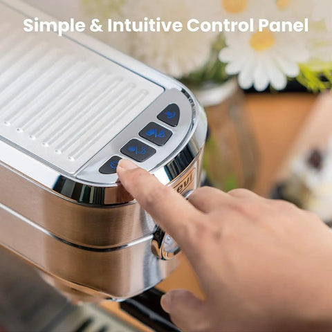 This 20 Bar Espresso Machine Straight Slaps With An Auto Milk Frother And Compact Stainless Steel Build showing the control panel.