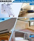 Electric Attic Ladder With A Slick Hidden Retractable Ceiling Hatch And Heavy Duty Telescoping Handrail displayed in loft, roof, basement, and garage settings.