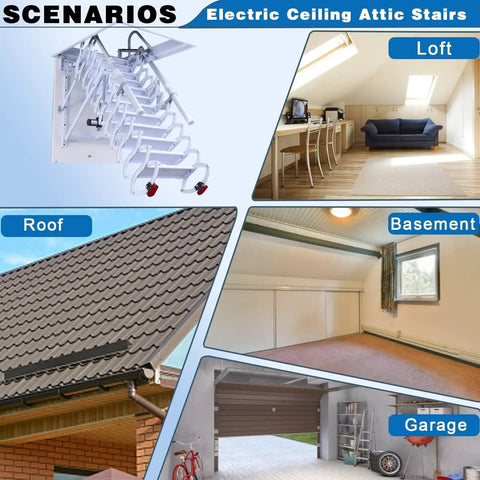Electric Attic Ladder With A Slick Hidden Retractable Ceiling Hatch And Heavy Duty Telescoping Handrail displayed in loft, roof, basement, and garage settings.