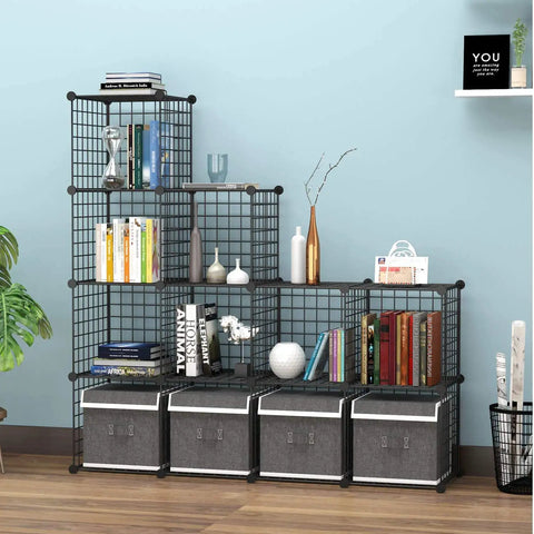 Wire Cube Storage Organizer For Home And Office, 12 Cube Metal Grid Shelving System with books and bins, black.