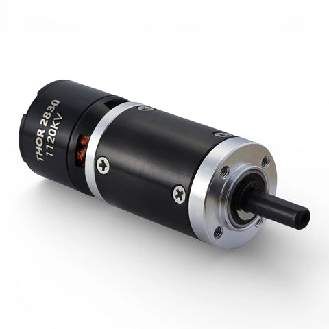 Outrunner Planetary Gear Brushless Motor 2830 with 28 mm gearbox and 6 mm shaft, side view, for robotics and automation projects.