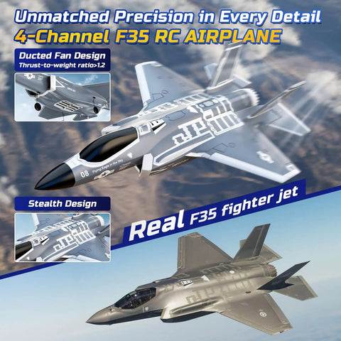 F35 4 Channel Brushless RC Plane With 7400KV Motor EDF Ducted Fan 2 4GHz RTF Ready To Fly Gyro Stabilized EPP Aircraft shown in flight.